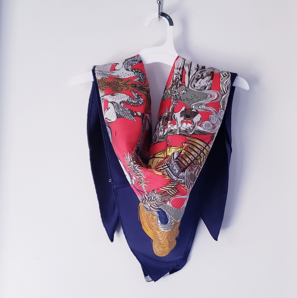 HERMES SILK SCARF KING BLUE Au Fil de la Soie AUTHENTIC